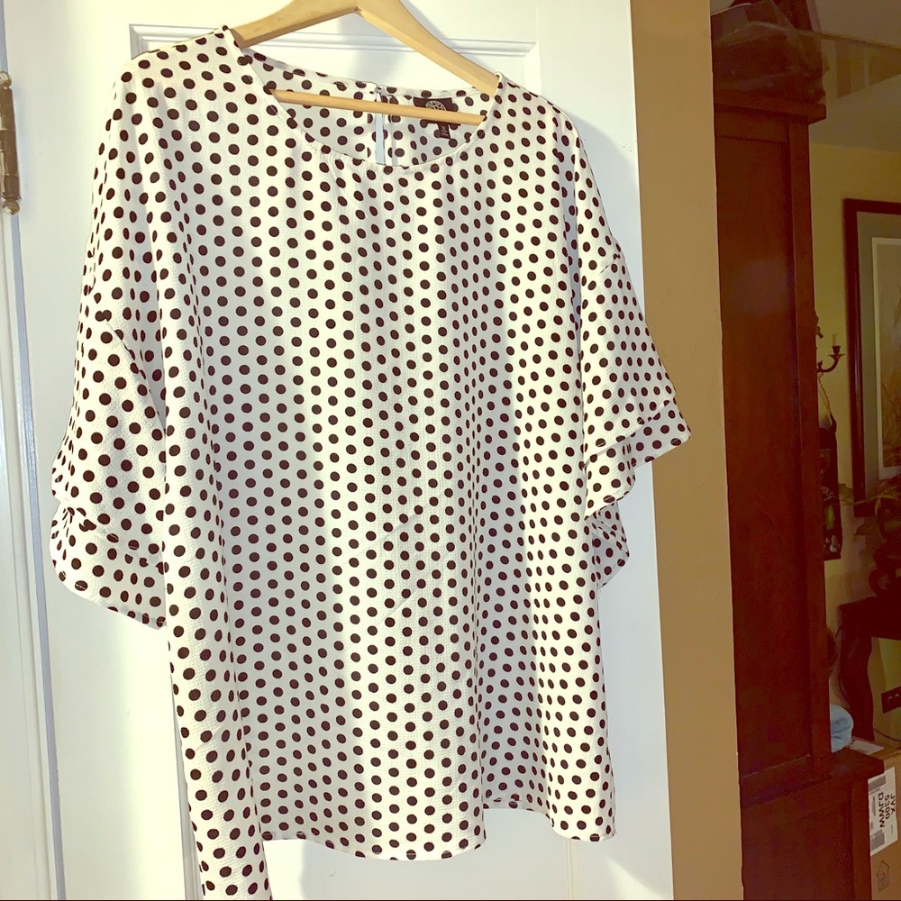 Bobeau Ruffled Bell Sleeve Polka Dot Top